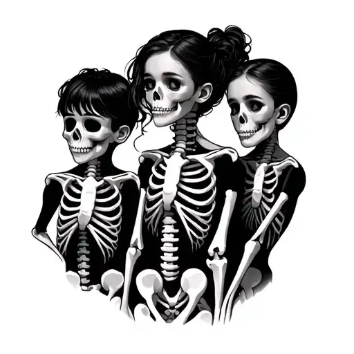 Woman With 3 Children From Back In Skeleton