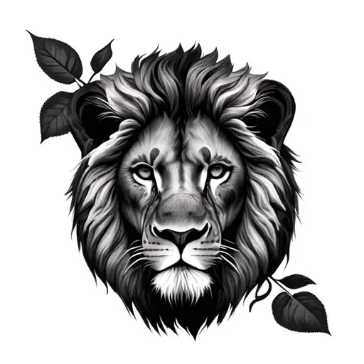 Realistic Lion Face With A Realistic Rose