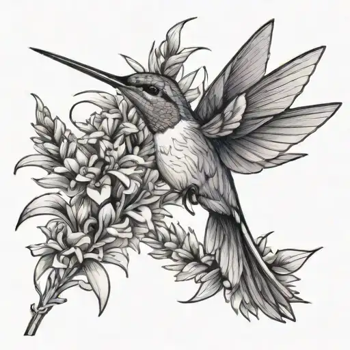 Long Lavender Plant With Small Hummingbird Hovering