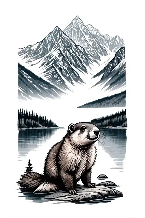 Marmot In Front Of Lake Surrounded By Mountains