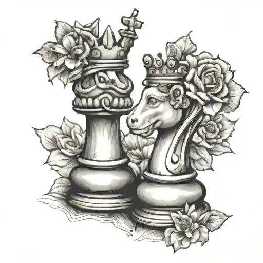 King And Queen Chess Pieces Together As A Couple With 5 Flowers Representing Children