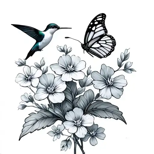 Dainty Forget Me Not With Butterfly And Hummingbird