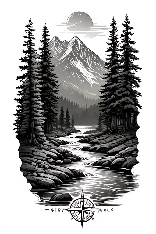 Forest With River Flowing And Mountain With Compass In Background
