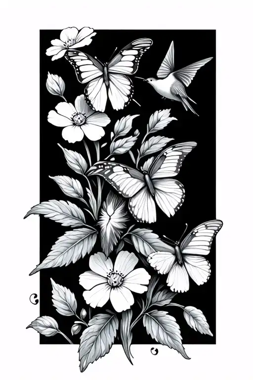 Simple Dainty Forget Me Not With Butterfly And Hummingbird