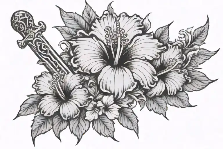 Hibiscus Half Sleeve With Sword Surrounded