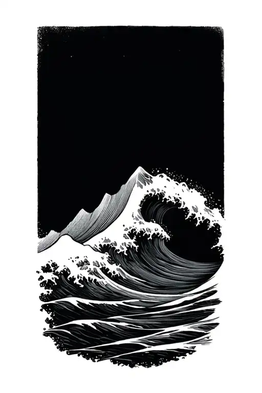 Single Line Mountain Connected To A Wave Crashing