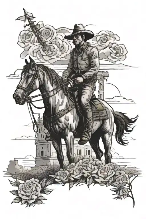 A Cowboy In Front Of A Tower That Goes Into The Sky In A Field Of Roses