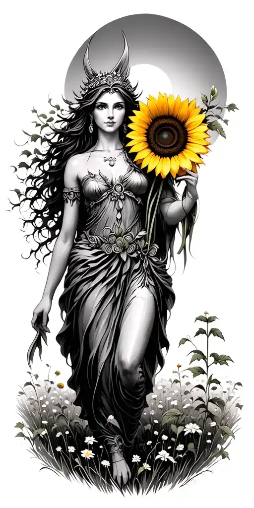 Freya The Goddess Of Love And Beauty Wandering Through A Meadow Of Elm Trees Carrying A Sunflower