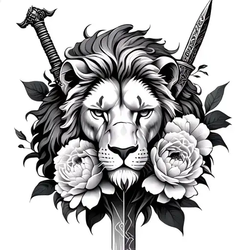 Half Lion Head With Dagger And Peonies Blooming