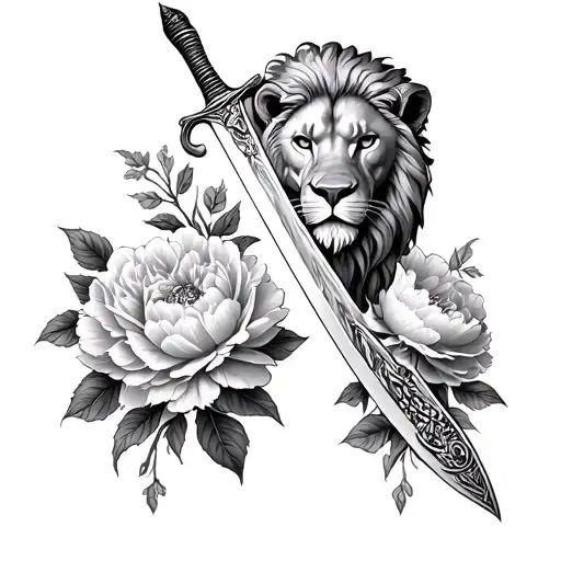 Long Dagger With Half A Lion Head On One Side And Peonies Growing Wild On The Other