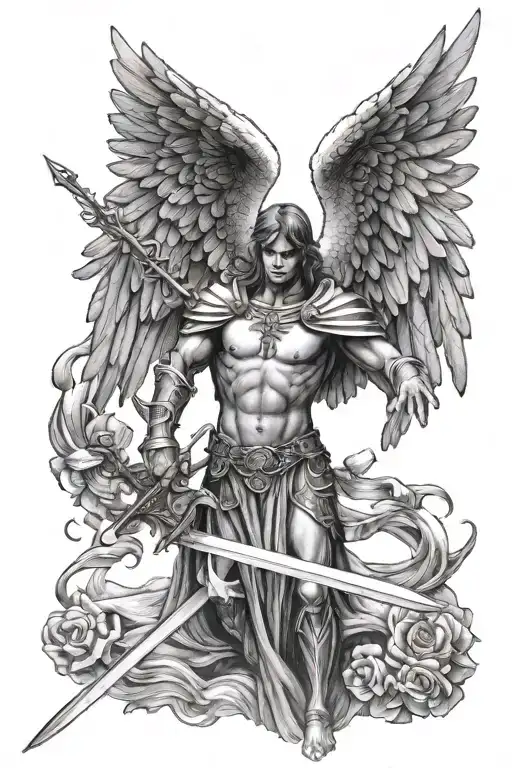Archangel With Wings Down Holding Sword Behind A Cross