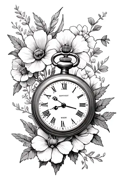 Pocket Watch Surrounded By Flowers And Adventure Themed