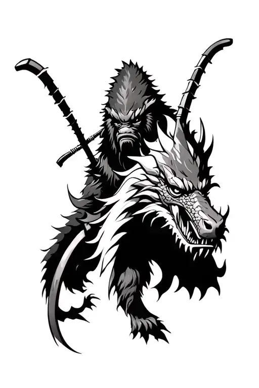 Sasquatch Samurai Warrior Battling A Dragon