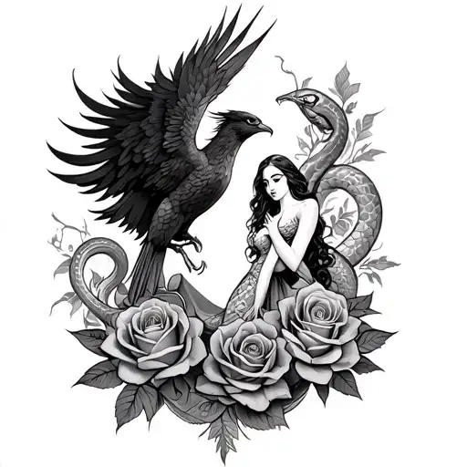 Phoenix And Roses And Snakes And Woman Intertwined