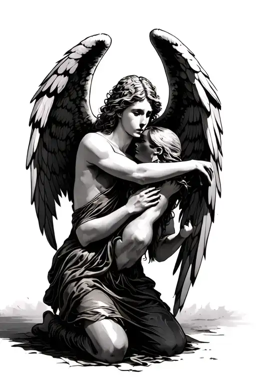 Kneeling Angel With Fallen Angel Trying To Slit Throat