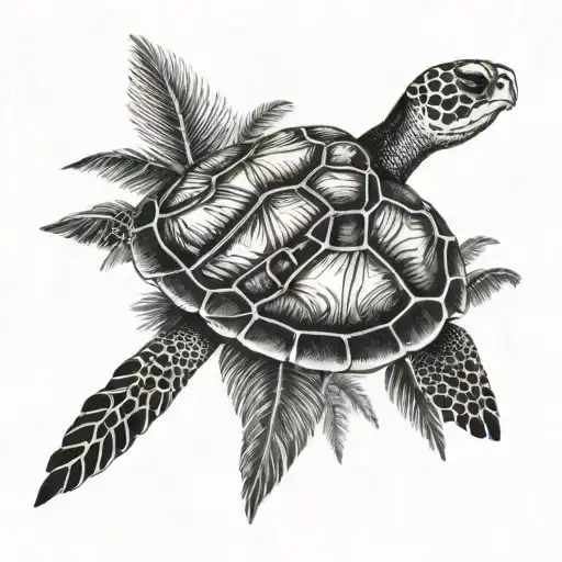 Sea Turtle And Palm Trees