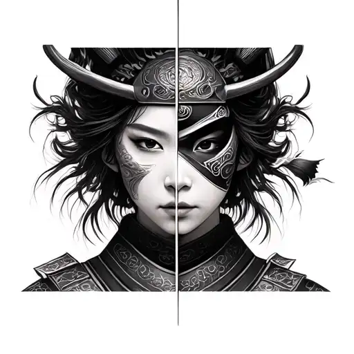 Portrait Of Japanese Woman With Samurai Oni Mask Split Down The Middle Of Her Face