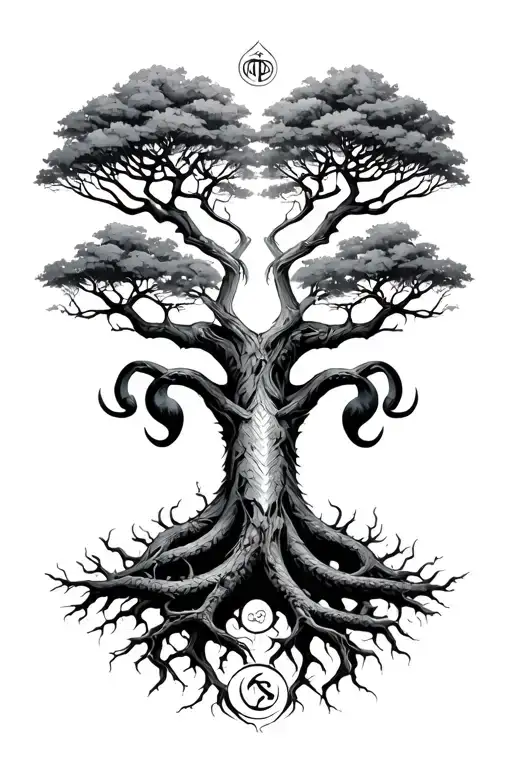 Yggdrasil Tree With Aries Zodiac And Snake Intertwined
