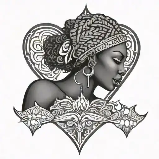Afrocentric Tattoo With A Heart For The Back Of The Leg On Dark Skin