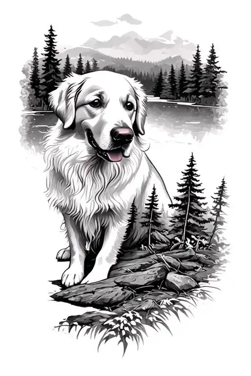 Golden Retriever Surrounded By Woods And Beautiful Scenery