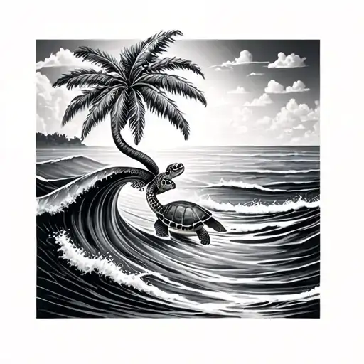 Palm Tree Intertwined With Turtle And Wave