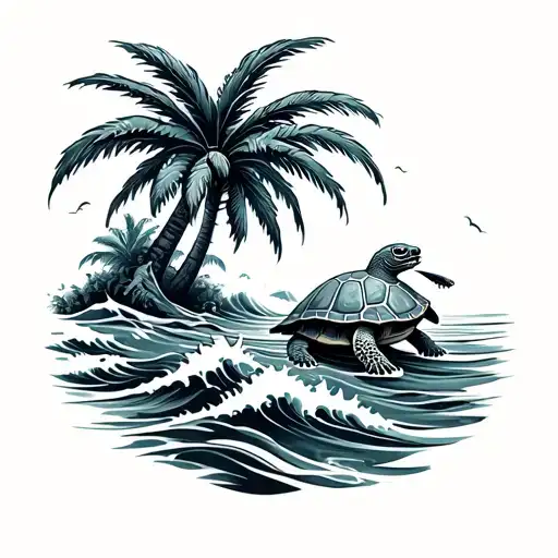 Palm Tree With Waves And Turtle