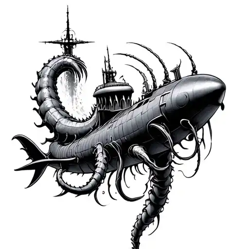 Kracken Attacking Ballistict Submarine Sketch Realistic