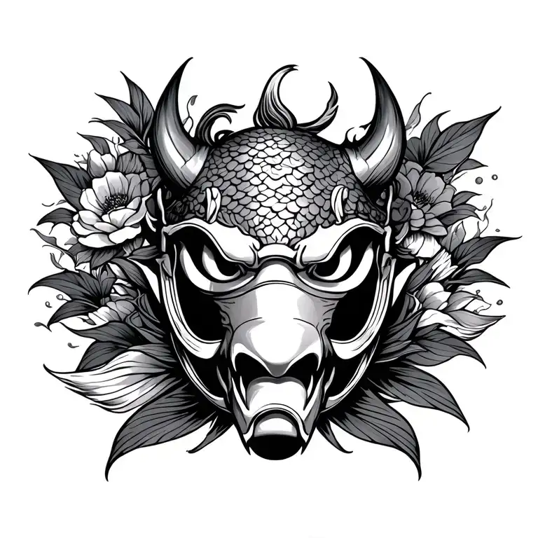 Koi Fish Garden With A Protection Oni Mask