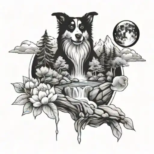 Nature Life Waterfall Mountain Dog People Sitting With Cosmos For Upper Arm