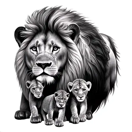 Lion With Three Cubs