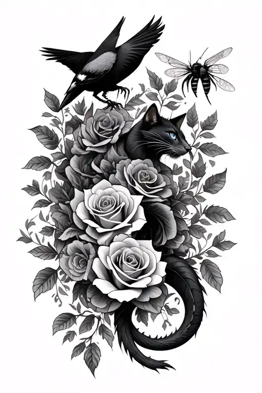 Roses Intertwined Dragon Bees Cat Magpie