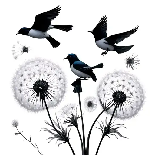 6 Birds Flying From Dandelion Flower