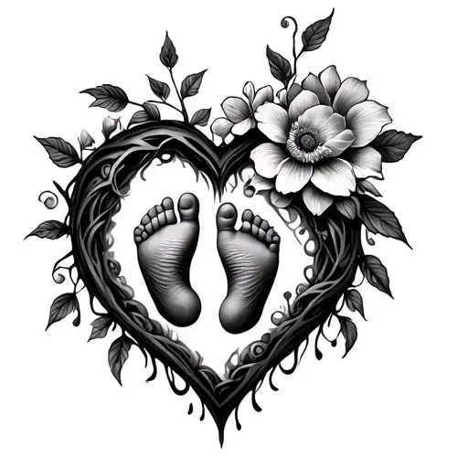 Hollow Heart With Baby Feet In Middle And Wrapped Vines With Flower Blooming