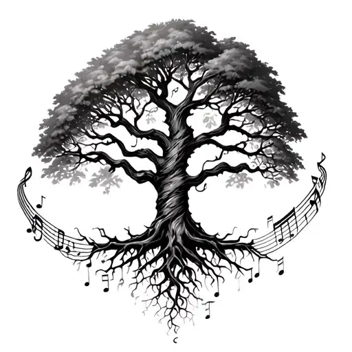 Yggdrasil Tree On Shouder With Roots That Become Strings Wrapping Around Wrist With Music Notes