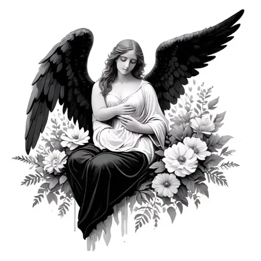 Angel Sitting In Flowers Holding A Mother Will Write