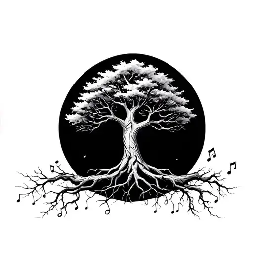 Yggdrasil Tree On Shouder With Roots That Become Strings Wrapping Around Wrist With Music Notes
