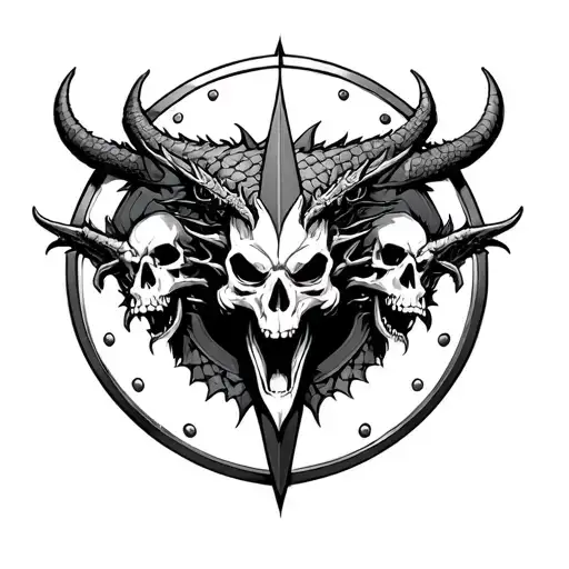 Dragon Skulls And Human Skulls On A Round Viking Shield Tattoo