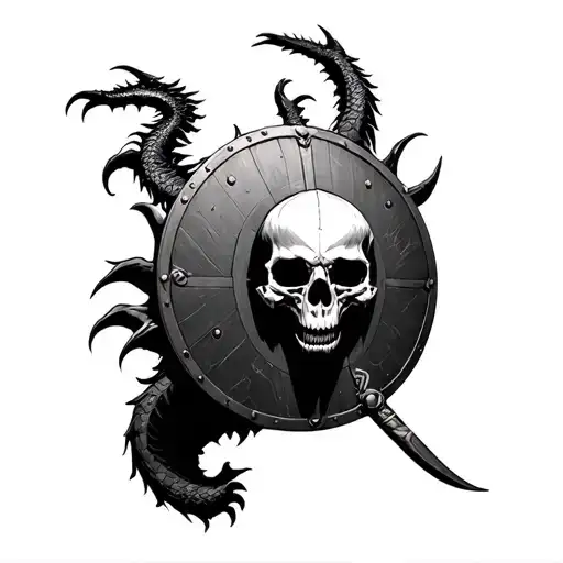 Dragon Skulls And Human Skulls On A Round Viking Shield Tattoo