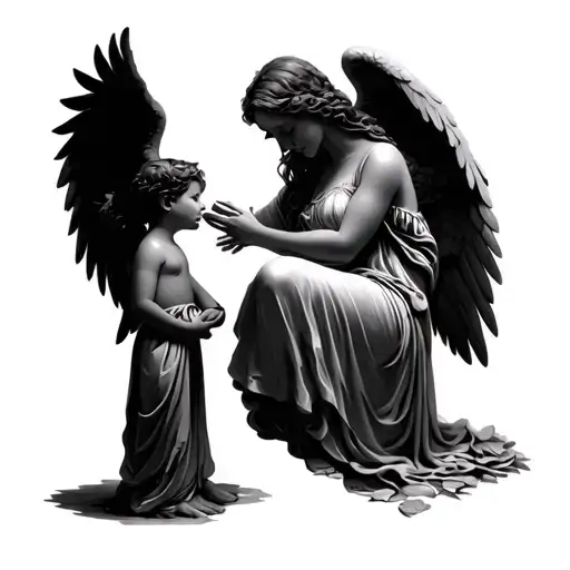 Woman Angel Looking Over Her Angel Son
