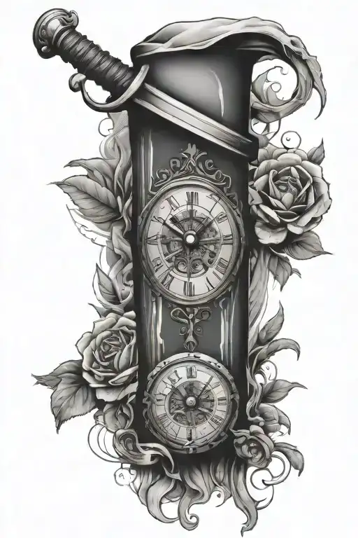 Forearm Tattoo With A Clock Wrapped Around With Money And A Sword Through The Middle