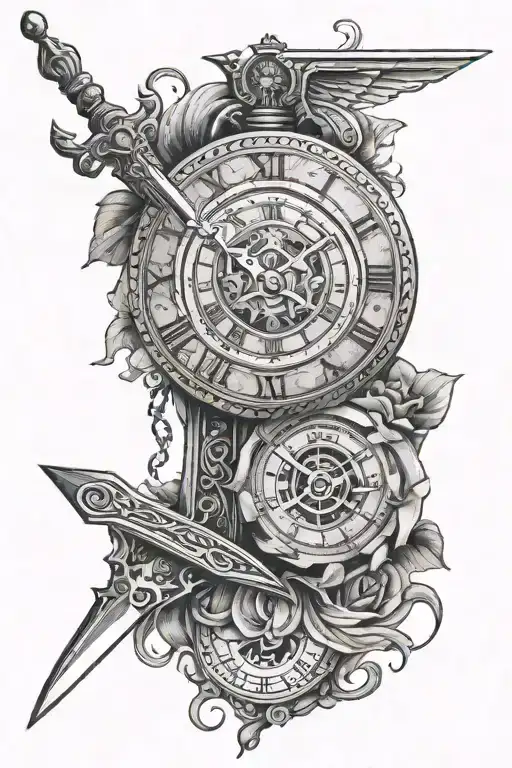 Tattoo With A Clock Wrapped Around With Money And A Sword Through The Middle