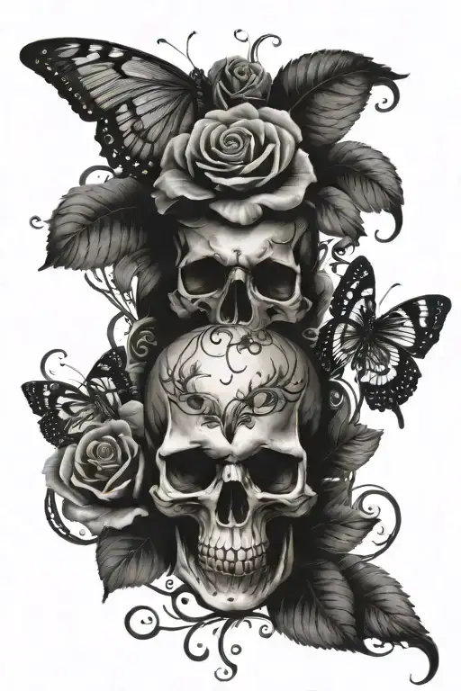 Roses Skull Butterfly's With Flower Stem Half Arm Sleeve