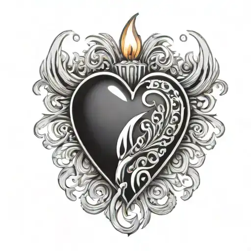 Holy Heart With Rosary Beads Around It Flames And Light And Shadow Stripes