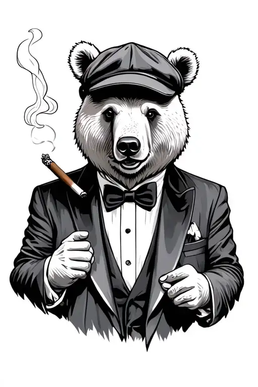 Calm Bear Wearing Flat Cap And Smoking Cigar In Tuxedo