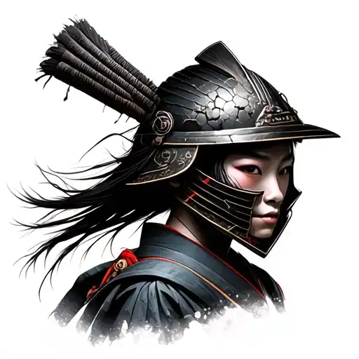 Japaese Female Samurai Wearing A Kimono And A Samurai Helmet That Is Battle Torn
