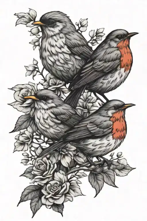 Two Robin Birds With Flowers Perched Black And White But Red Chests On The Birds