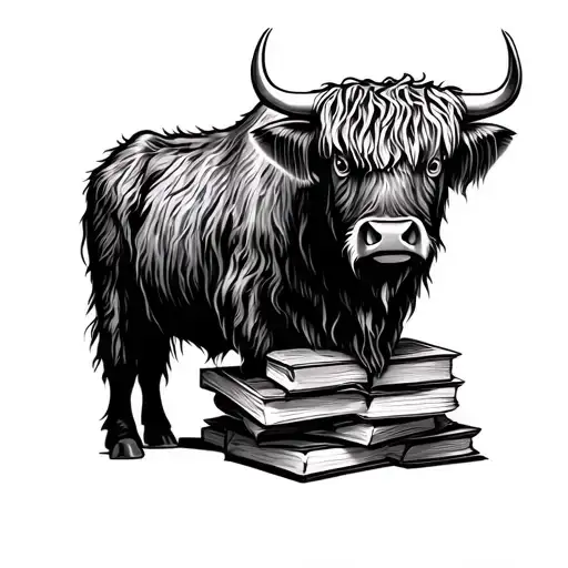 Highland Cow With A Bible Verse Written On A Pile Of Books