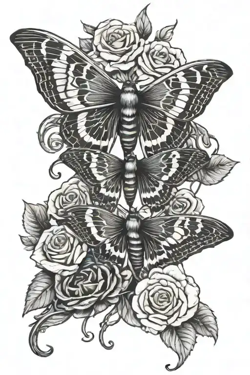 Black And White Death Moth With Roses Intertwined