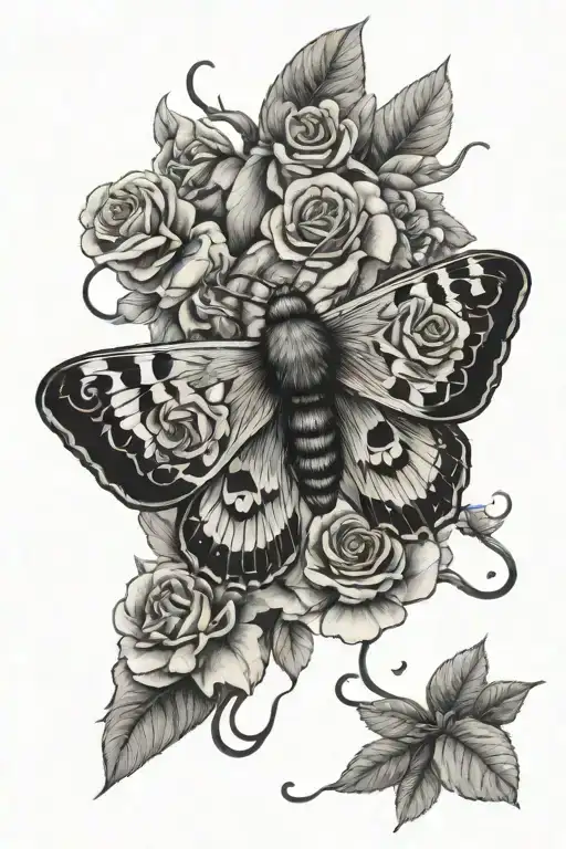 One Black And White Death Moth With Roses Intertwined