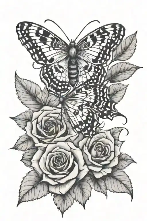 One Black And White Moth With Roses Intertwined